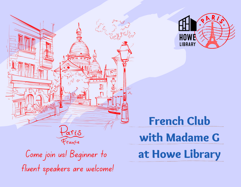 Postcard for French Club. Features hand drawing of a scene from Montmartre. Writing underneath says Paris, France. Below this it says,